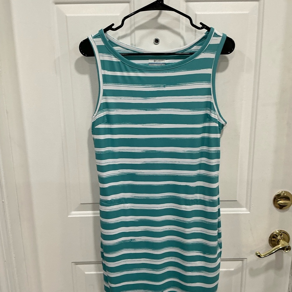 Teal and White Striped Sleeveless Midi Dress